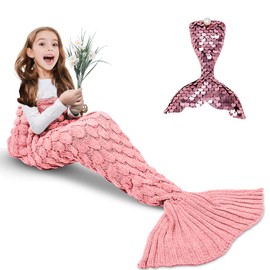 AmyHomie Mermaid Tail Blanket, Hand Crochet Mermaid Blanket for Kids, Super Soft Breathable Little Mermaid Tail Sleeping Bag, Best Mermaid Gifts for Girls(Light Pink, Kids)
