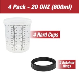 4 Pack Set of Standard Size 22 Ounce (600ml) Hard Cups and Retainer Rings - 4 Hard Cups and 4 Rings for Use with The Disposable Paint Spray Gun Cups Liners and Lid System,OC600