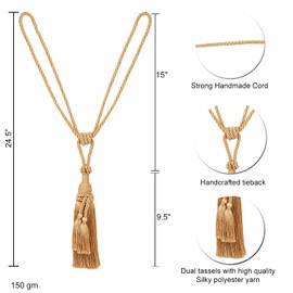 MALOINTEX 2 Pack Curtain Dual Tassel Tiebacks Tie-Backs, Handmade Rope Tiebacks Holdbacks, Polyester Curtain Tieback - Gold