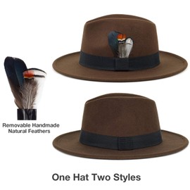 FADACHY Classic Fedora Hat for Men & Women Wide Brim Felt Hat Panama Dress Hat Brown Fedora