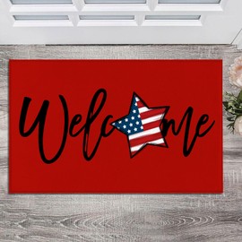 Independence Day Patriotic Star Welcome Doormat 29x17 Inch Polyester Indoor Outdoor Floor Rug with Non-Slip Rubber Backing Perfect for Memorial Day & 4th of July Decorations,Entrance, Home Décor