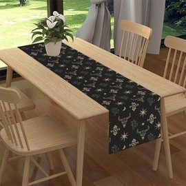 Camino de mesa occidental, rústico azteca con calavera de vaca, vaquero, nativo del oeste, étnico, geométrico, granja, color negro, centro de decoración para la familia, cocina, comedor al aire última