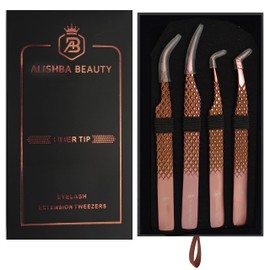 BEAUTICS Alishba Beauty Eyelash Extension Tweezers, Precision Fiber Tip Grip Japanese Stainless Steel Profiessional (Set of 4 Eyelash Tweezer) (ROSE GOLD)