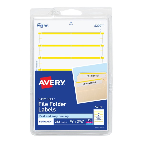 AVERY Print or Write File Folder Labels for Laser and Inkjet Printers, 1/3 Cut, Yellow, Pack of 252 (5209), 5/8" x 3 1/2"