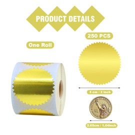 Cwzidyq 2 Inch Embossed Seals, 250 Pcs Serrated Edge Stickers, Self-Adhesive Certificate Labels, Gold Foil Stickers for Document,Envelopes, Package, Wedding Invitations (Gold)