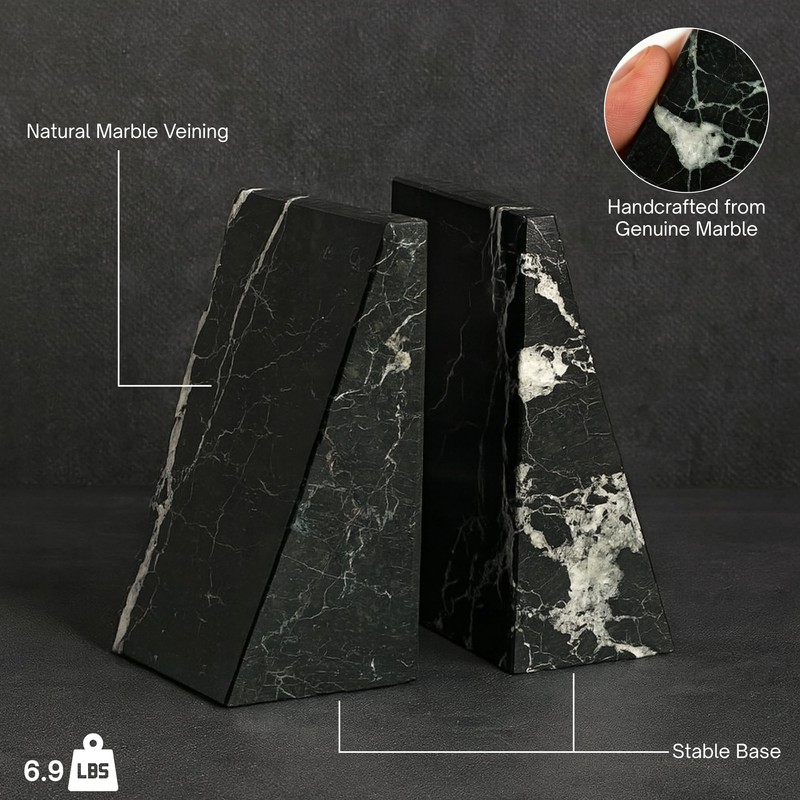 Bey-Berk Whitney Zebra Marble Bookends (Black, Set of 2), 4"