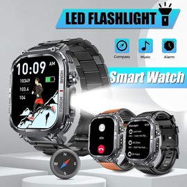 EIGIIS Rugged Smartwatch with LED Flashlight, Sport Smart Watch with 3ATM Waterproof,Multifunctional Digital Watch with Wireless Made/Answer Calls＆Smart Notification - Color: Black+Black Steel Strap