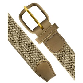 2 Count 7001 Leather Covered Buckle Woven Elastic Stretch Belt 1-1/4"(32mm) Wide (Beige, L)