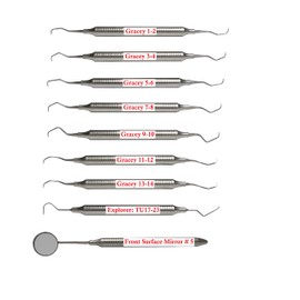 Periodontal Gracey Curettes with Dental Explorer & Front Surface Mirror # 5, Dental Hygienist Instruments, Dental Gracey Curette Set