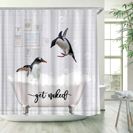 WUASDCS Funny Penguin Shower Curtain Cute Animals in Bathtub Bubble Get Naked Antarctic Polar Wildlife Brick Wall Bathroom Decor Fabric Curtains with Hook 70Wx70H Inches