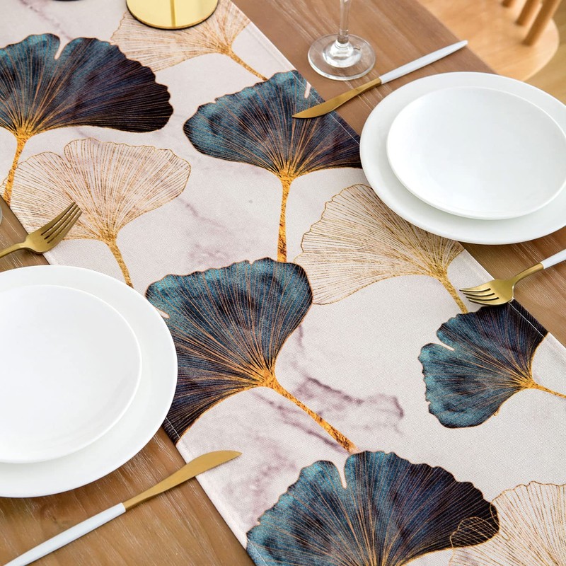 Table Runner Ginkgo Leaf Linen Waterproof Outdoor Polyester Durable Blue