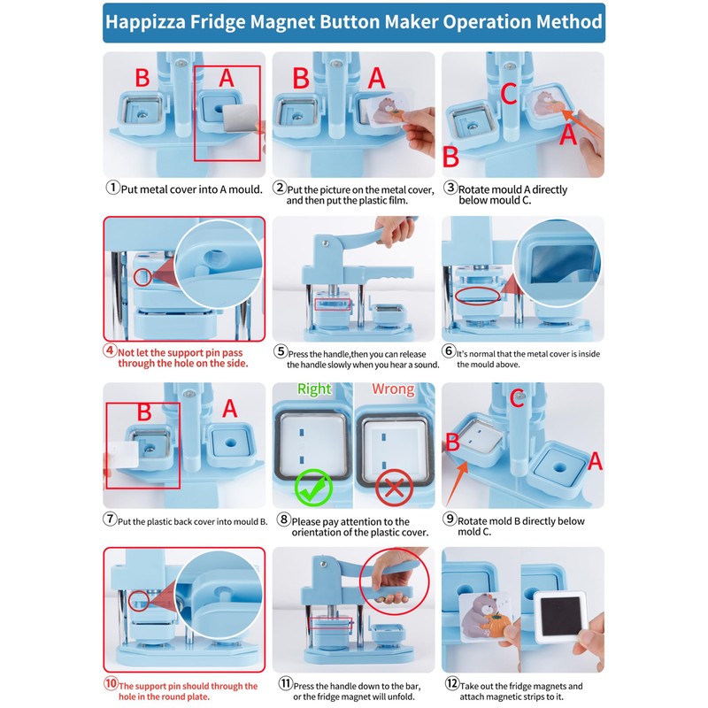 Happizza Magnet Button Maker Machine 50mm/1.97 in, Square Photo Magnet