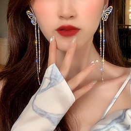 Butterfly Tassel Earrings for Women Purple Butterfly Crystal Earrings Long Butterfly Drop Dangle Earrings for Girls Tassel Threading Long Chain Earrings Jewelry Gift for Wedding