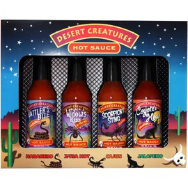 Desert Creatures Hot Sauce Gift Set 4 Pack - 4 - 5 oz - Premium Gourmet Hot Sauce for Chicken Wings and Breakfast Burritos–Perfect Premium Gourmet Gifts for the hot sauce fan-Try if you Dare!