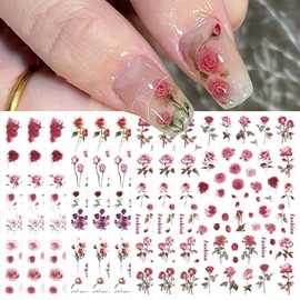 WOKOTO 9 Sheets Flower Nail Art Stickers for Hel Nails 3D Self-Adhesive Pink Red Rose Nail Decals Floral Designs Nail Stickers for Acrylic Nails Art Red Rose Nail Art Design Stickers for Women
