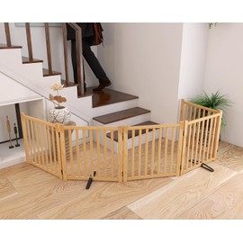 YOCAN Wooden Freestanding Dog Gates for The House, Doorways, Stairs,Wood Pet Fences Indoor Pet Gate,Step Over Fence-5 Panels L:115" H:23"
