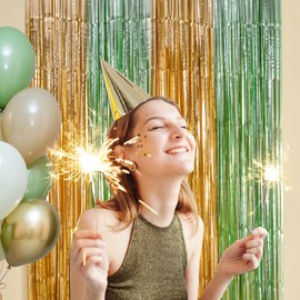 LOLStar 2 Pack Sage Green and Gold Party Decoration 3.3X6.6ft Foil Fringe Curtains,Olive Green Baby Shower Decorations also Perfect for Wedding Bridal Shower,Jungle Theme woodland Birthday Decorations