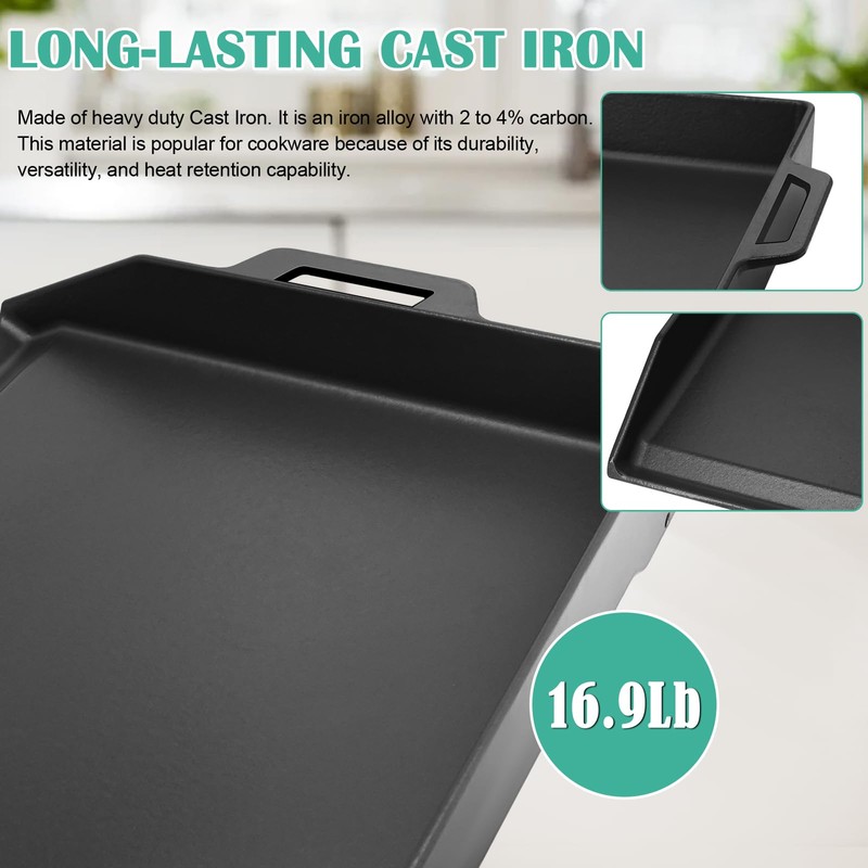 Hiorucet 18 Inch Cast Iron Griddle, Large Flat Top Plate