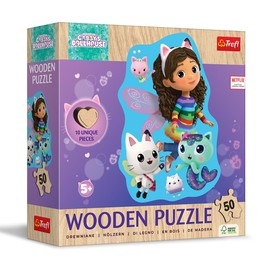 Trefl - Puzzle in Legno: Gabby's Dollhouse, L'Allegra Gabby - 50 Pezzi, Puzzle ad Incastro Wooden Puzzle, Forme Irregolari, 10 Personaggi, Puzzle Moderno per Bambini dai 5 Anni
