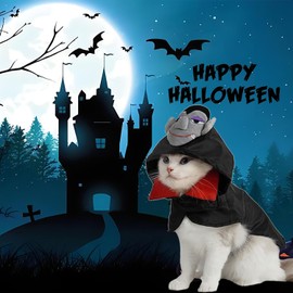 FLAdorepet Disfraz de Drácula de vampiro de Halloween para perro, disfraz de diablo de gato para perros pequeños, chamarra con capucha y agujero para correa, regalo de ropa para perros (negro, S