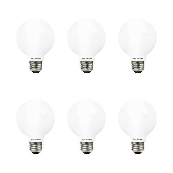 SYLVANIA LED TruWave Natural Series Globe G25 Light Bulb, 40W Equivalent, Efficient 4.5W, 350 Lumens, Dimmable, Frosted, 2700K, Soft White - 6 Pack (40887)