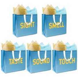 H1vojoxo 5 Senses Gift Bags - 5PCS Non Woven Laser Large Capacity Gift Handbags with Blue and Gold Tissue Papers for Men, Women, Him Her Birthday, Anniversary, Wedding, Graduation, Valentine's Day