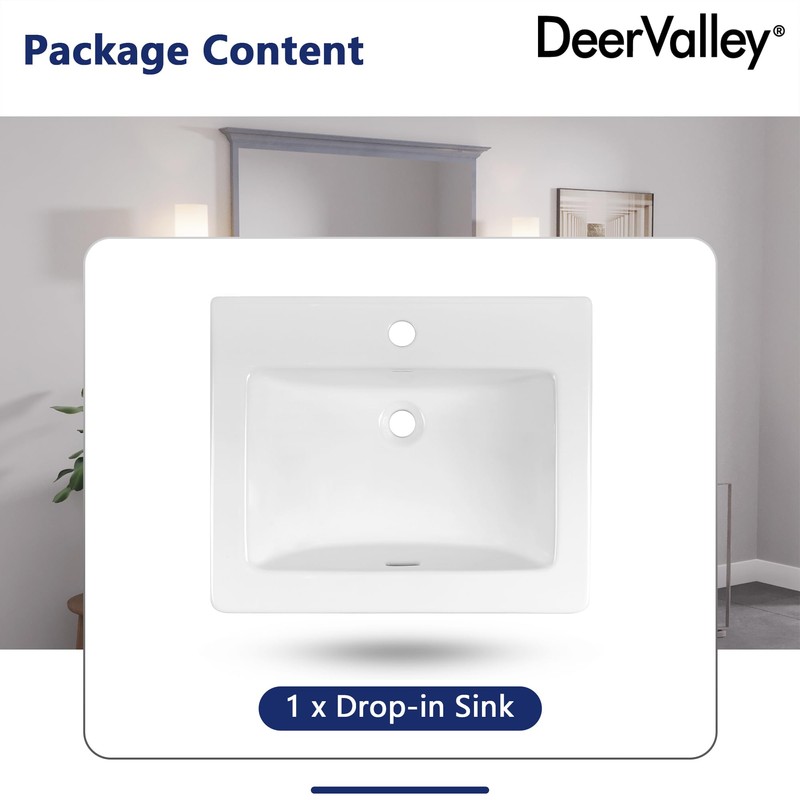 DeerValley 21"x18" Drop-In Bathroom Sink Ceramic Rectangle Vessel Sink with