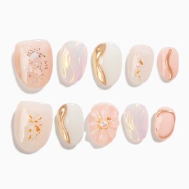Sun&Beam Nails Handmade Nail Tip, Short, Coffin Ballerina, False Claws, Beige, White, Gold, 3D Design, Stylish, False Nails, Pack of 10 (#131 M)