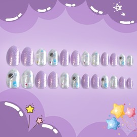 Kids Press on Nails Almond Short Fake Nails Purple Glitter False Nails Starburst Pattern Adhesive Acrylic Artificial Nails for Children Manicure Supplies 24 Pcs