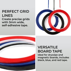 H&S Self Adhesive Draping Tape Rolls for White Board - Set of 3 - Non-Magnetic Vinyl Pinstripe Tape for Marking - 3mm x 50m Thin Red, Blue & Black Sticky Whiteboard Tape Line