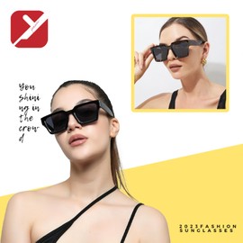 YUELUQU Retro Rectangular Sunglasses Large Square Chunky for Men Women Trendy Sunglasses, black / grey