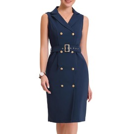 Allegra K Women's Sleeveless Notched Lapel Double Breasted Belted Work Office Blazer Dress Navy Blue - Color: Navy Blue, Size: X-Small