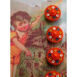 Set of 4~Vintage 1/2"  Painted Orange flower  Glass Buttons ~Pre WWII NOS