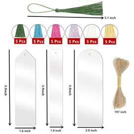CuiCanfla 61 Pcs Blank Acrylic Bookmark Set, 30PCS Clear Acrylic Craft Bookmarks + 30PCS Colorful Tassel + 1PCS Cord, Acrylic Bookmark, for DIY Craft Ornaments