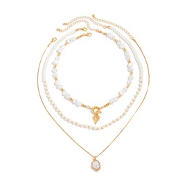 PLOUTOS Layered Baroque Pearl Choker Necklace Set For Women With Gold Heart Lock Charm And Dainty Pearl Drop Pendant, Trendy Layering Jewelry For Women (Gold)