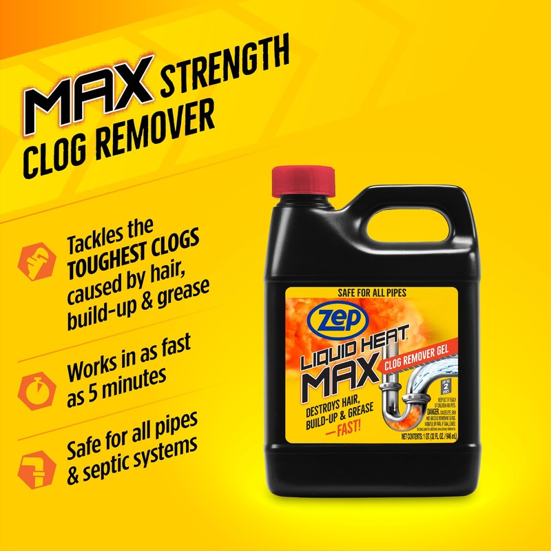 Zep Liquid Heat Max Clog Remover Gel - Destroys Hair,