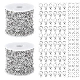 THETAG 10 m Metal Necklace Chains, 2 Roll Cable Chain, Silver Necklaces, Sold by the Metre, Jewellery Making Kit with 60 Lobster Clasps and 120 Jump Rings for DIY Jewellery Making, 5 m