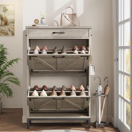 Jocoevol Shoe Storage Cabinet for Entryway - Narrow Shoe Organizer Cabinet with 2 Flip Drawers, Grey Farmhouse Hidden Shoes Storage