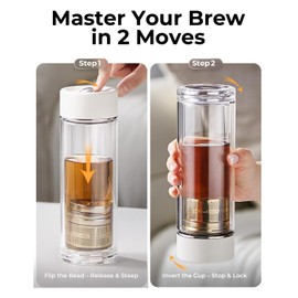 TEAVOR MagnaDrop Tea Tumbler – Double Wall Glass Tea Infuser Cup with Magnetic Steep Control & Bead Switch, Leakproof Travel Mug for Loose Leaf, 12.5oz