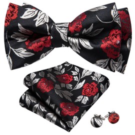 Barry.Wang Floral Bow Ties for Men Classic Pre Tied Bowtie and Pocket Square Cufflinks Set Silk Red and Black Bow Ties