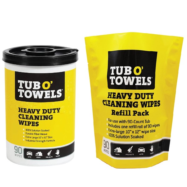 Tub O' Towels Heavy Duty, 10" x 12", Multi-Surface Cleaning Wipes, 90-Count Canister & Refill Pack, White