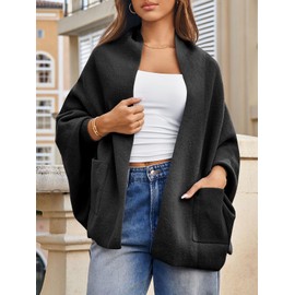 Saodimallsu Womens Open Front Cardigan Batwing Long Sleeve Shawl Chunky Knit Loose Fall Poncho Sweater Coats Black