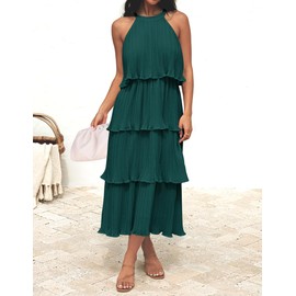 ZESICA Women's 2024 Summer Sleeveless Halter Neck Ruffle Tiered Layed Chiffon Flowy Swing Long Midi Dress,DarkGreen,Medium