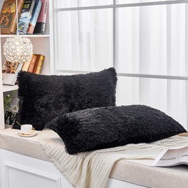 JAUXIO Long Faux Fur Soft Soild Decorative Pillowcase Fluffy Throw Pillow Cover Velvet Shaggy Plush Cushion Case Set of 2 Zipper Closure Queen Size (20X26 Inches, Black)