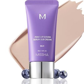 MISSHA M PERFECT COVER SERUM BB CREAM No.21 Light Beige, base de maquillaje para el cuidado de la piel, humectante con color, complejo de superalimentos, cobertura modulable, piel de cristal, sin p