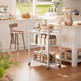 HITNET White Bar Cart, Home Bar Serving Cart, Kitchen Trolley on Wheels with Storage, 3 Tier Rolling Beverage Cart for Living Room Kitchen Home Office