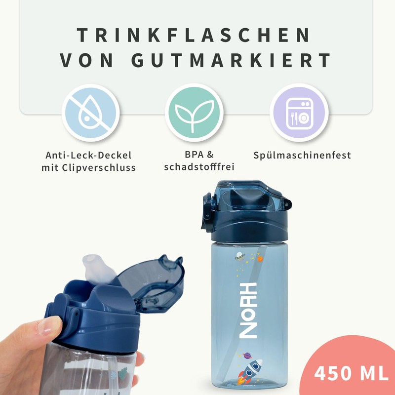 gutmarkiert Water Bottle with Name and Motif, Dishwasher-Safe and BPA-free