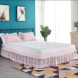 DREFEEL Lace Trimmed Elastic Bed Wrap, Easy Fit Dust Ruffle Bedskirt, White (Pink, Full)
