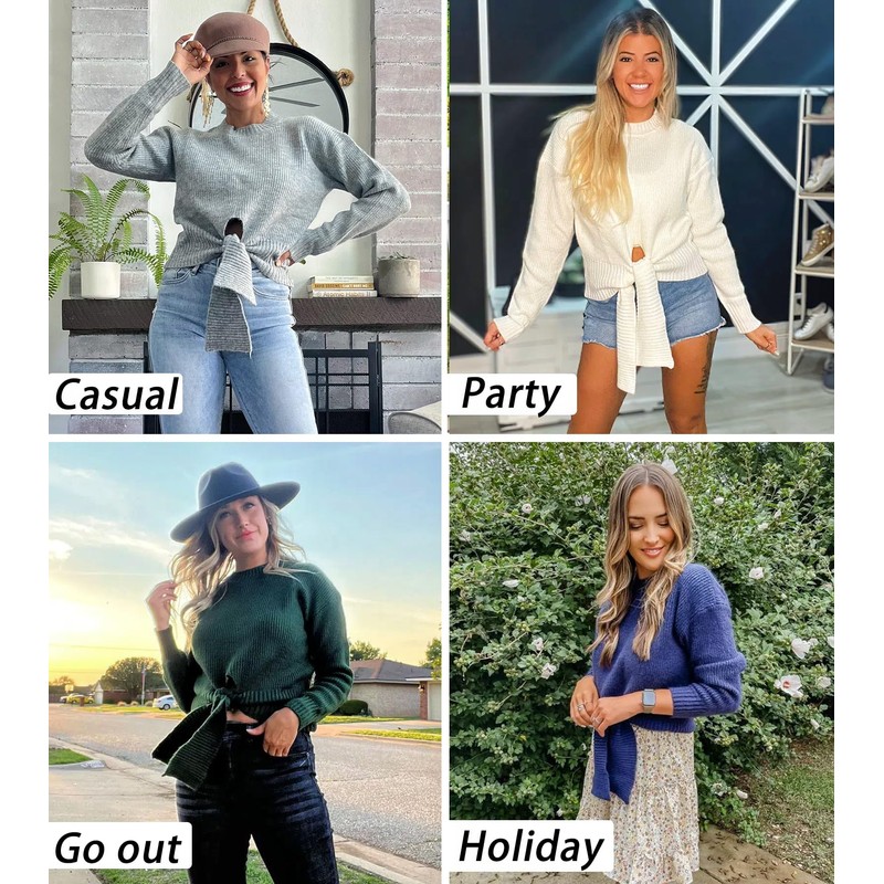 Okiwam Women's Long Sleeve Cropped Sweaters Casual Knit Pullover Tie