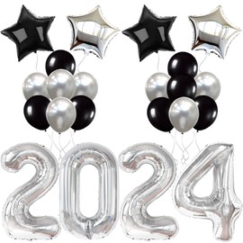 Silver 2024 and Star, Black and Confetti Balloons